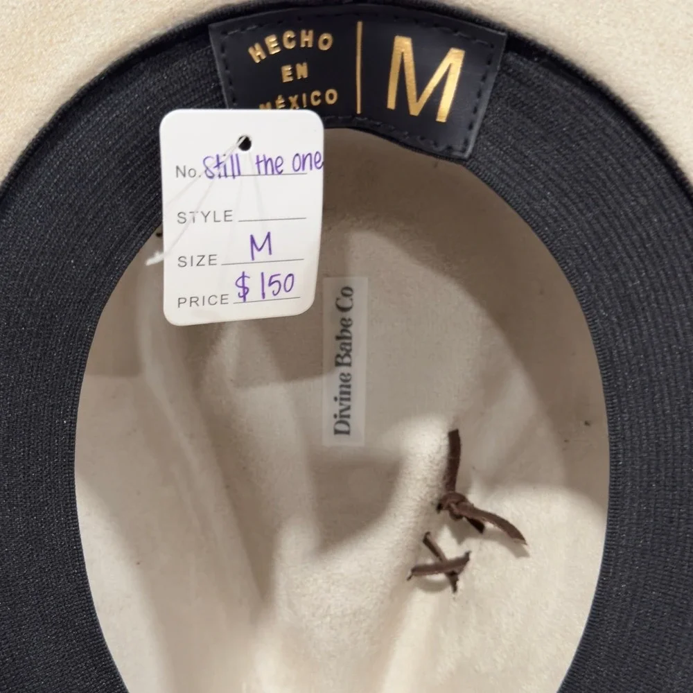 Divine Babe Co Still The One Wide Brim Fedora Hat Cream Floral Burned Feather M